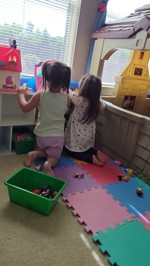Two children looking out window